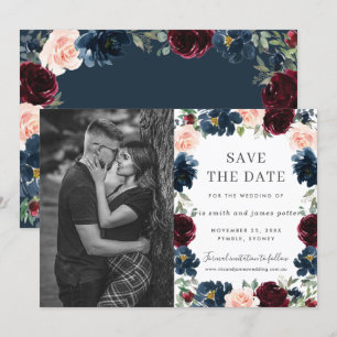 Burgundy Navy Pink Floral Foto Save the Date Kaart