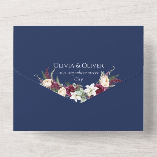 Burgundy navy qr code bruiloft all in one uitnodiging (Achterkant)