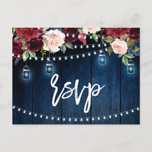 Burgundy Navy String Light mason jar RSVP Briefkaart (Voorkant)
