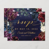 Burgundy Navy Wedding Mail Back RSVP Card (Voorkant / Achterkant)
