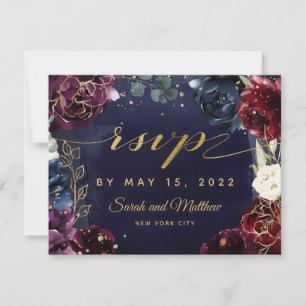 Burgundy Navy Wedding Mail Back RSVP Card Kaartje