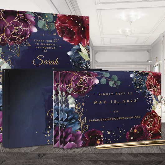 Burgundy Navy Wedding Online RSVP-kaart Visitekaartje