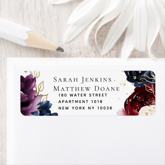Burgundy Navy Wedding Return Label (Insitu)