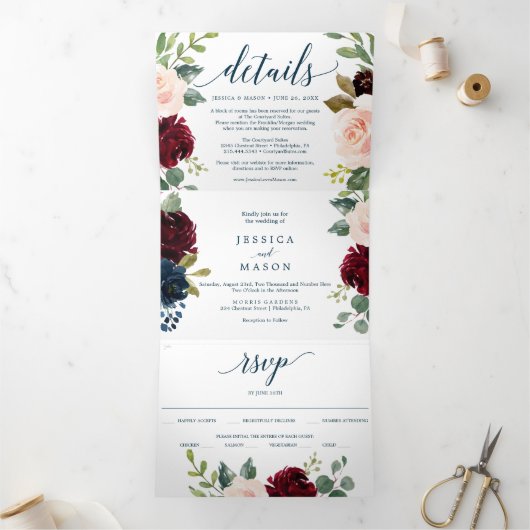 Burgundy Navy Wedding Tri-Fold Uitnodigingen (Binnen)