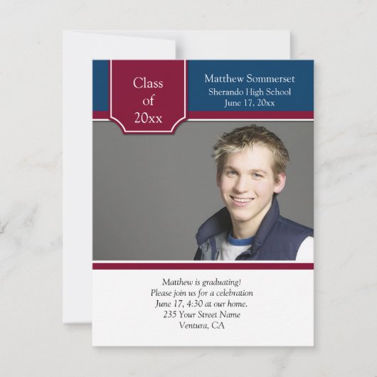 Burgundy Navy White Photo Graduation Invitation (Devant)