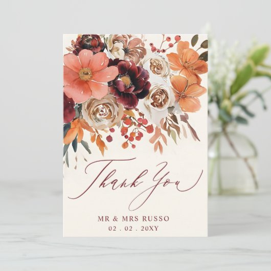 Burgundy Orange Floral Fall Wedding Bedankkaart (Staand voorkant)