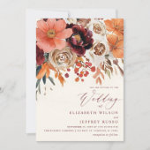 Burgundy Orange Floral Fall Wedding Kaart (Voorkant)