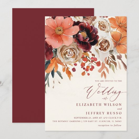 Burgundy Orange Floral Fall Wedding Kaart (Voorkant / Achterkant)