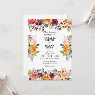 Burgundy Oranje Crush Floral pure trouwkaart