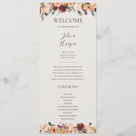 Burgundy Oranje Floral | Beige Wedding Programme Programma (Voorkant)