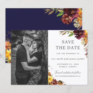 Burgundy Oranje Floral Foto Save the Date Kaart