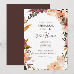 Burgundy Oranje Floral Rehearsal Dinner Invitation Kaart
