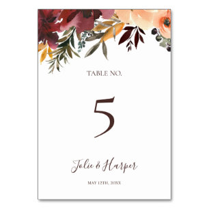 Burgundy Oranje Floral   Tabelnummer Kaart