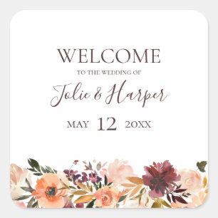 Burgundy Oranje Floral Wedding Welkom Vierkante Sticker
