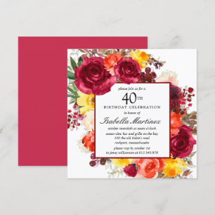 Burgundy Oranje Geel Roze Floral 40e verjaardag Kaart