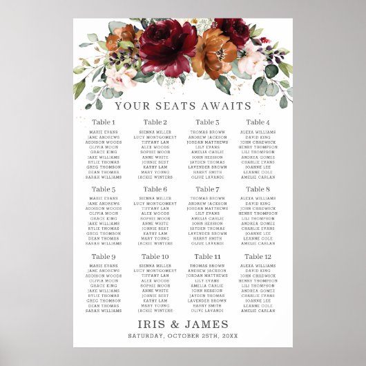 Burgundy Oranje Ivory Floral Wedding Seating Chart Poster (Voorkant)