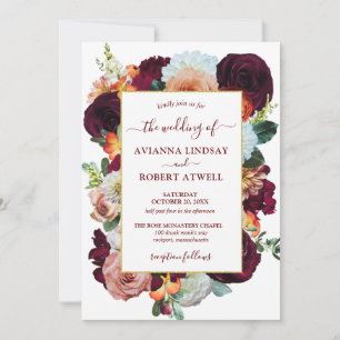 Burgundy Oranje Pink Floral Love Wedding Kaart