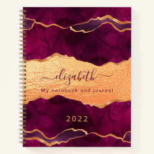 Burgundy paars agate marble roos gold monogram notitieboek