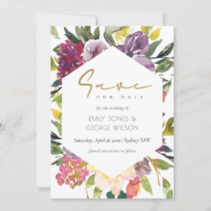 BURGUNDY PAARS PINK LIME GREEN FLORAL SAVE THE DATE