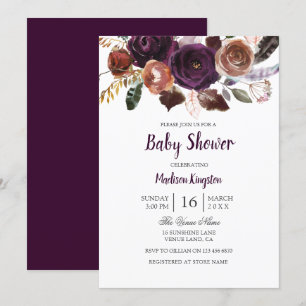 Burgundy Paars Plum Floral Baby shower Invitation Kaart
