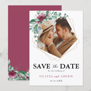 Burgundy Paarse Ivory Floral Geometric Foto Save The Date