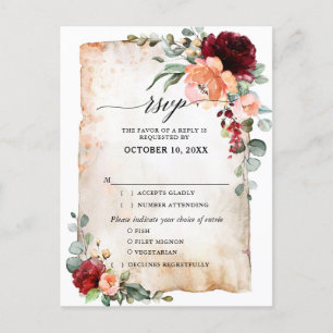 Burgundy Peach Coral Pink Roses Eucalyptus RSVP Briefkaart