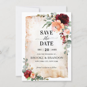 Burgundy Peach Coral Pink Roses Save the Date Kaar