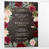 Burgundy Peach Floral QR Code Barn Wood Weduwschap Drieluik Uitnodiging (Binnenzijde eerst)