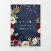 Burgundy Peach Floral QR Code Navy Blue Weddenscha Drieluik Uitnodiging (Cover)