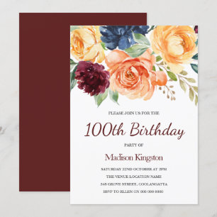 Burgundy Peach Navy Floral 100th Birthday Kaart