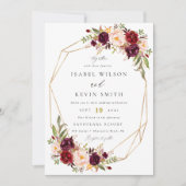 Burgundy Peony Flowers Geometric lijst bruiloft Kaart (Voorkant)