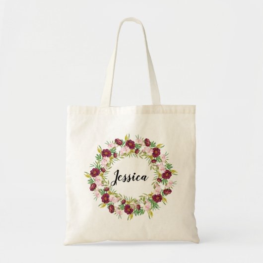 Burgundy Peony Wreath Persoonlijke Bridesmaid Tote Bag (Voorkant)
