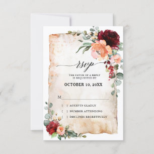 Burgundy Perzik Koraal Roze Rozen Eucalyptus RSVP Kaartje
