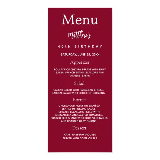 Burgundy photo fun faits carte de menu d'anniversa (Devant)