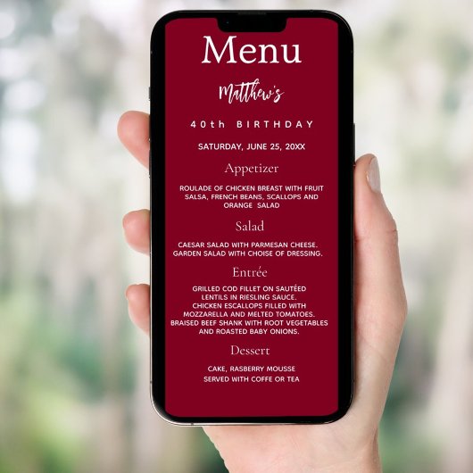 Burgundy photo fun faits carte de menu d'anniversa