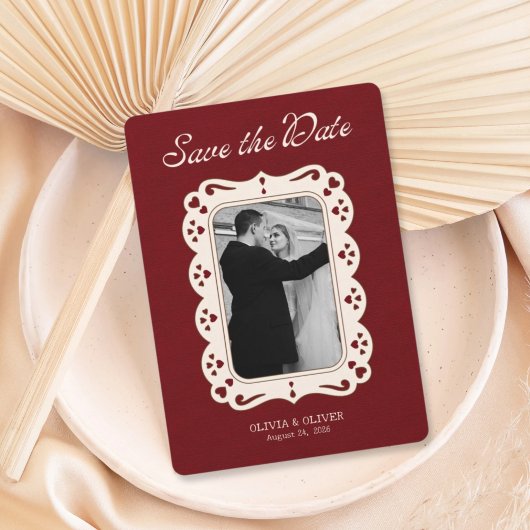 Burgundy photo retro lace  save the date