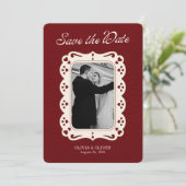 Burgundy photo retro lace  save the date (Staand voorkant)