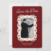 Burgundy photo retro lace  save the date (Voorkant)