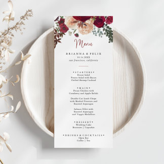 Burgundy Pink Blush Floral Dinner Menu