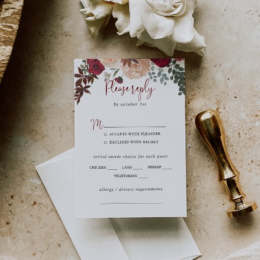 Burgundy Pink Blush Floral Mariage Menu Choix