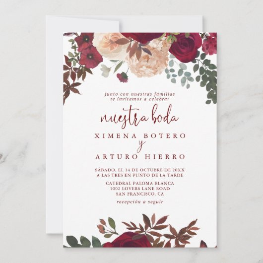 Burgundy Pink Blush Floral Nuestra Boda Wedding Kaart (Voorkant)