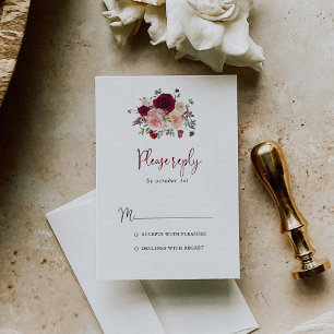 Burgundy Pink Blush Floral RSVP Kaartje