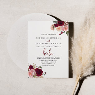 Burgundy Pink Blush Floral Spain Wedding Kaart