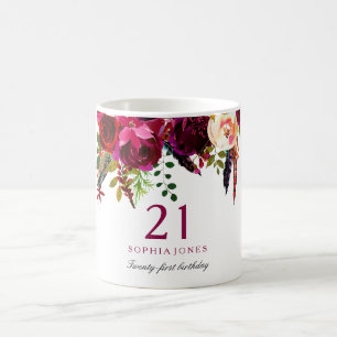 Burgundy Pink Floral 21ste Birthday Guest Gift Koffiemok