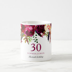 Burgundy Pink Floral 30th Birthday Guest Gift Koffiemok