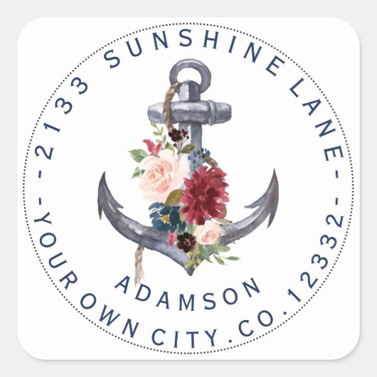 Burgundy Pink Floral Anchor Circular Address Label (Voorkant)