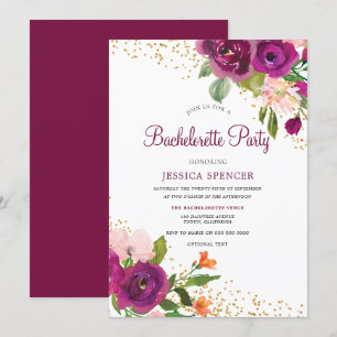 Burgundy Pink Floral Bachelorette Party Invite Kaart