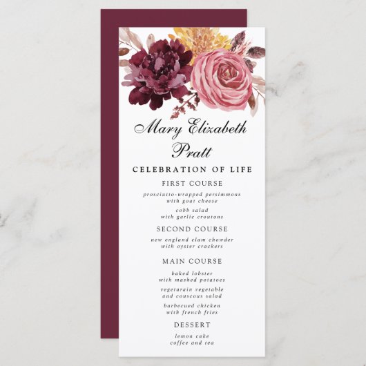 Burgundy Pink Floral Funeral Menu (Voorkant / Achterkant)