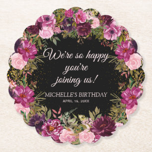 Burgundy Pink Floral Glitter Black Birthday Kartonnen Onderzetters