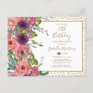 Burgundy Pink Floral Gold Glitter 30th Birthday Uitnodiging Briefkaart